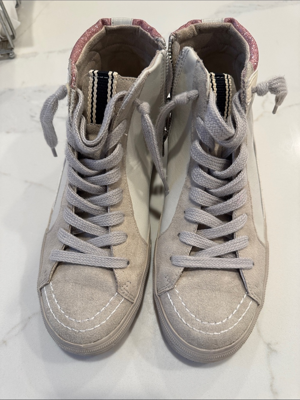 ShuShop Beige and Pink Kids High-Top Sneakers great condition